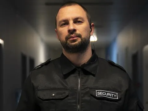 Uniformed security officer with SECURITY patch standing in a facility corridor